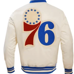 Philadelphia 76ers White Satin Full Snap Bomber Jacket Back