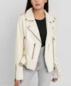 Riveted Womens Beige Leather Motorcycle Jacket Zipper