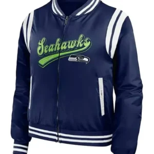 Rose Seattle Seahawks Navy Satin Bomber Jacket