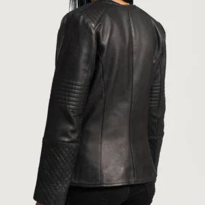 Round Collar Womens Quilted Black Leather Jacket Back