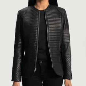 Round Collar Womens Quilted Black Leather Jacket Main