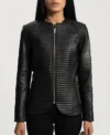Round Collar Womens Quilted Black Leather Jacket Zipper