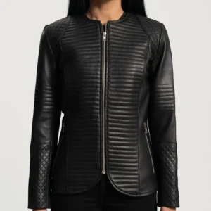 Round Collar Womens Quilted Black Leather Jacket Zipper