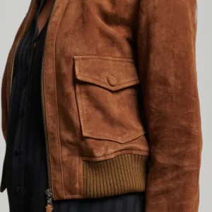 Shop Classic Cropped Brown Suede Bomber Jacket
