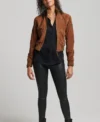 Shop Now Classic Cropped Brown Suede Bomber Jacket