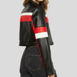 Stacie Racer Black Crop Moto Leather Jacket Side