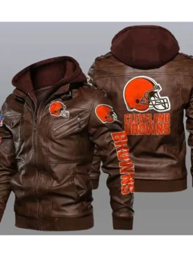 Team Cleveland Browns Hooded Brown Leather Jacket