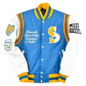 Tessa Southern University Motto 2.0 Sky Blue And White Wool Varsity Jacket