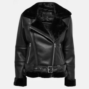 Women Asymmetrical Shearling Pilot Black Jacket
