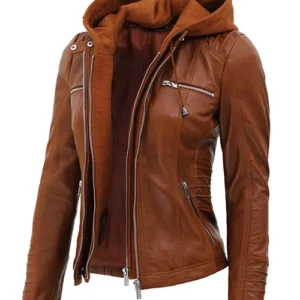 Women Brown Hooded Leather Jacket