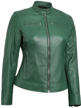 Women Casual Green Leather Jacket For Sale