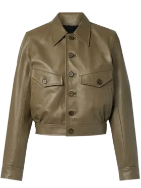 Women Cropped Green Leather Jacket