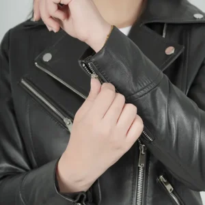 Women Motorcycle Style Slim Fit Leather Jacket Cuffs