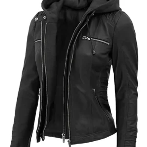 Women Slim Fit Black Hooded Leather Jacket