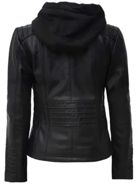 Women Slim Fit Black Hooded Leather Jacket For Sale
