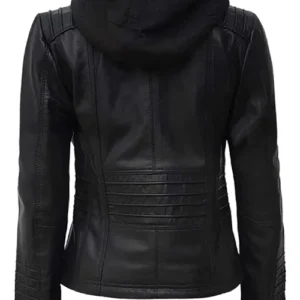 Women Slim Fit Black Hooded Leather Jacket For Sale