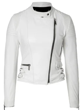 Women White Cafe Racer Leather Jacket
