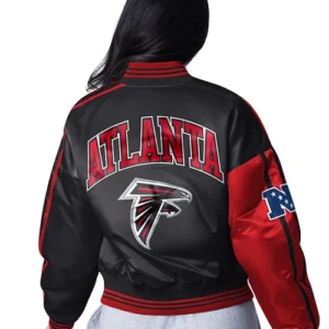 Womens Atlanta Falcons Starter Red and Black Cropped Full Snap Satin Jacket For Sale