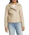 Womens Beige Leather Motorcycle Jacket Front