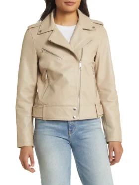 Womens Beige Leather Motorcycle Jacket Front