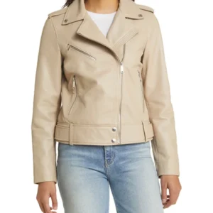 Womens Beige Leather Motorcycle Jacket Front