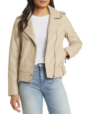 Womens Beige Leather Motorcycle Jacket Main
