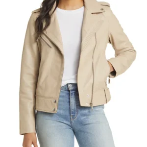 Womens Beige Leather Motorcycle Jacket Main