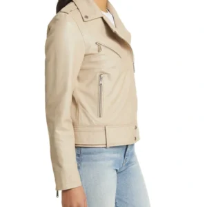 Womens Beige Leather Motorcycle Jacket Side