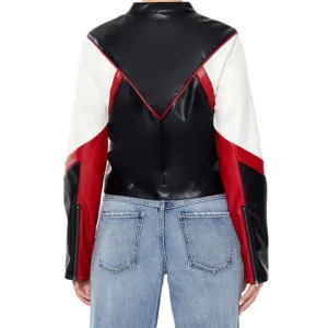 Womens Black And Red Colorblock Cropped Moto Jacket Back