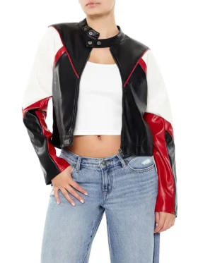 Womens Black And Red Colorblock Cropped Moto Jacket Main