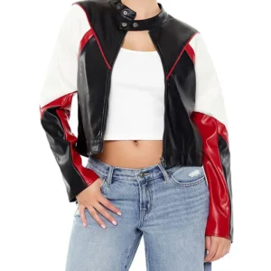 Womens Black And Red Colorblock Cropped Moto Jacket Main