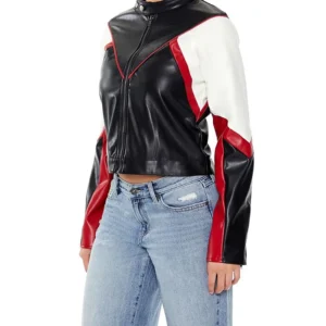 Womens Black And Red Colorblock Cropped Moto Jacket Side