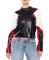 Womens Black And Red Colorblock Cropped Moto Jacket Snap