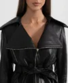 Womens Black Belted Wide Lapel Leather Jacket Collar