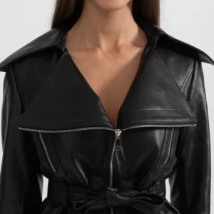 Womens Black Belted Wide Lapel Leather Jacket Collar