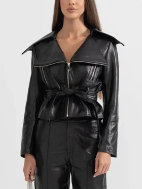 Womens Black Belted Wide Lapel Leather Jacket Main