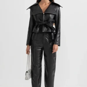 Womens Black Belted Wide Lapel Leather Jacket Stand Up