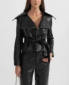 Womens Black Belted Wide Lapel Leather Jacket Zipper