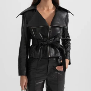 Womens Black Belted Wide Lapel Leather Jacket Zipper