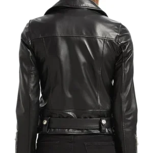 Womens Black Leather Biker Jacket With Belted Back