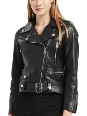 Womens Black Leather Biker Jacket With Belted Main