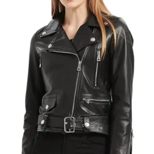 Womens Black Leather Biker Jacket With Belted Main