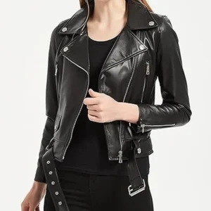 Womens Black Leather Biker Jacket With Belted Zipper