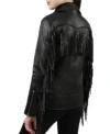 Womens Black Leather Fringe Biker Jacket Back