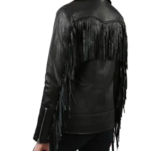Womens Black Leather Fringe Biker Jacket Back