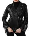 Womens Black Leather Fringe Biker Jacket Front