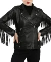Womens Black Leather Fringe Biker Jacket Main