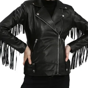 Womens Black Leather Fringe Biker Jacket Main