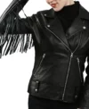 Womens Black Leather Fringe Biker Jacket Sleeves
