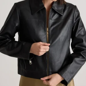 Womens Black Shirt Style Collar Leather Jacket Closure